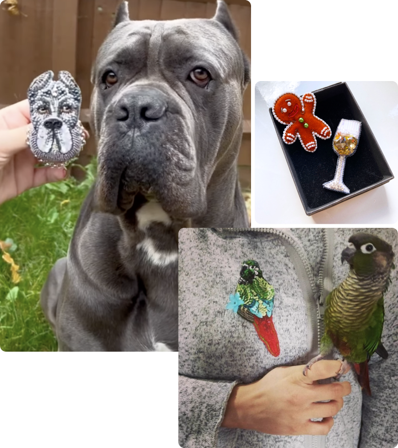 Examples of brooches Brooches made from photos of pets