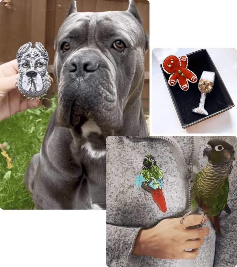 Pets next to their handmade beaded brooch portraits: a dog, a gingerbread man and a parrot